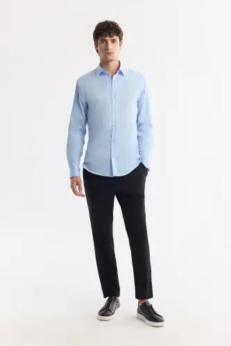 Мужская синяя рубашка с классическим воротником из 100% хлопкового сатина Slim Fit B002006 - 5