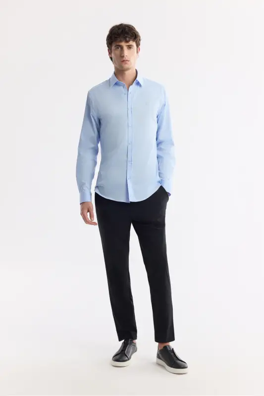 Мужская синяя рубашка с классическим воротником из 100% хлопкового сатина Slim Fit B002006 - 5
