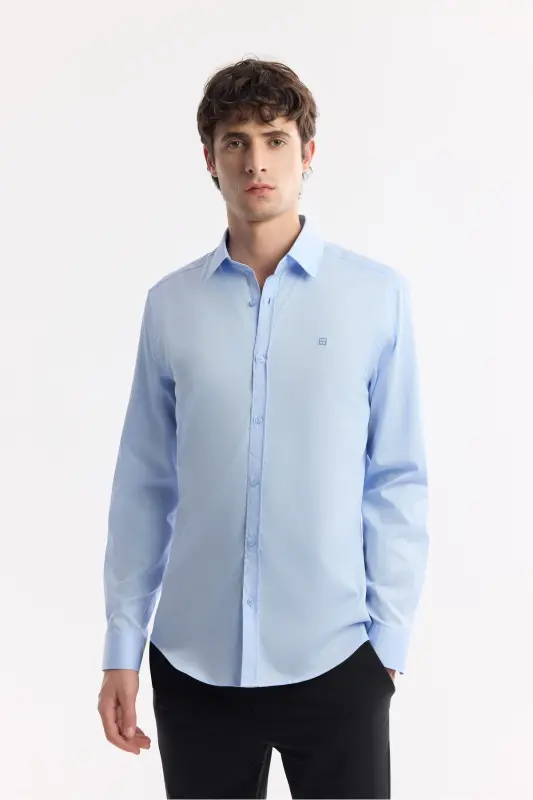 Мужская синяя рубашка с классическим воротником из 100% хлопкового сатина Slim Fit B002006 - 6