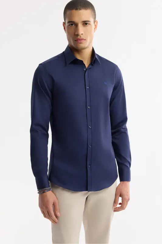 Мужская синяя рубашка с классическим воротником из 100% хлопкового сатина Slim Fit B002006 - 6