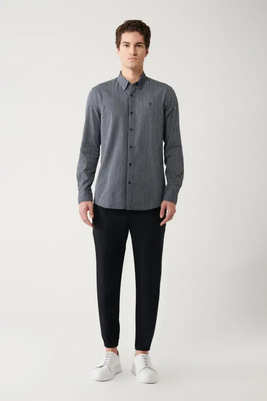 Мужская синяя рубашка с отложным воротником, 100% хлопок, полосатая, Slim Fit A32y2010 - 6