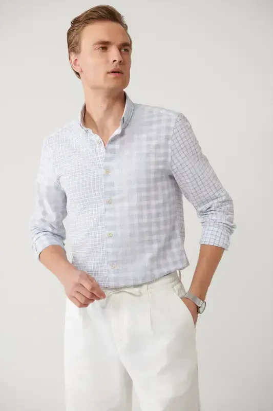 Мужская синяя рубашка с пуговицами на воротнике, клетчатая заплатка, льняная смесь, Regular Fit A41y2052 - AVVA