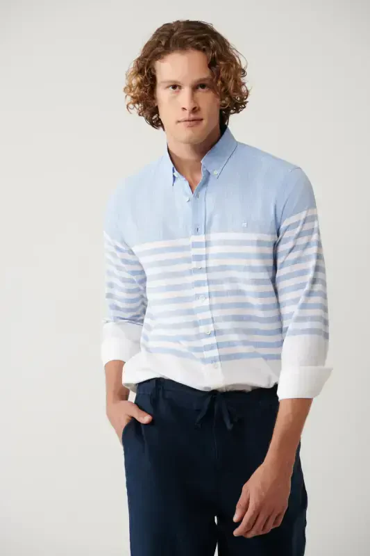 Мужская синяя рубашка с пуговицами, воротником, полосками, приталенная A41y2190 - 3