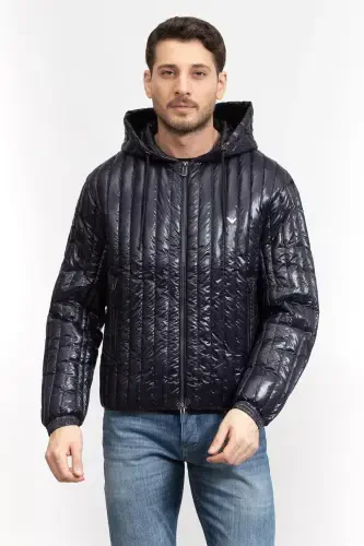 Мужская Синяя Стеганая Куртка с Капюшоном на Молнии с Деталями Бренда 6R1B79 1NKZZ-0920-Синий - 1