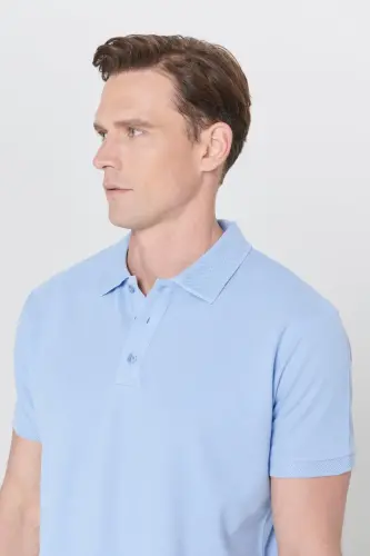 Мужская светло-голубая немнущаяся пике-рубашка поло Slim Fit из 100% хлопка - светло-голубая - 6