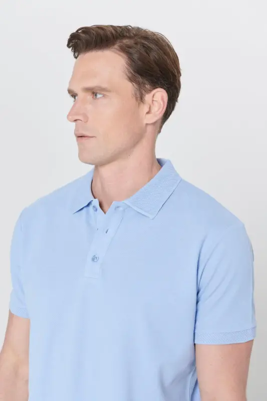 Мужская светло-голубая немнущаяся пике-рубашка поло Slim Fit из 100% хлопка - светло-голубая - 6