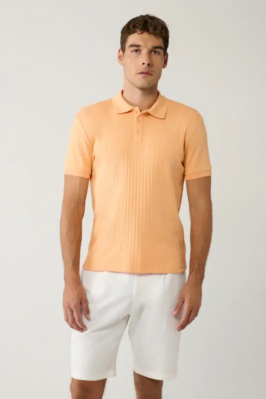Мужская светло-оранжевая рубашка-поло с 3 пуговицами, воротник поло, жаккардовая, стандартная посадка A41y1354 - AVVA