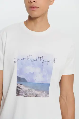 Мужская светло-серая футболка стандартного кроя из 100% хлопка с принтом и круглым вырезом - 9