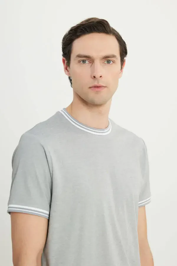 Мужская светло-серая хлопковая футболка Slim Fit с круглым вырезом - 4