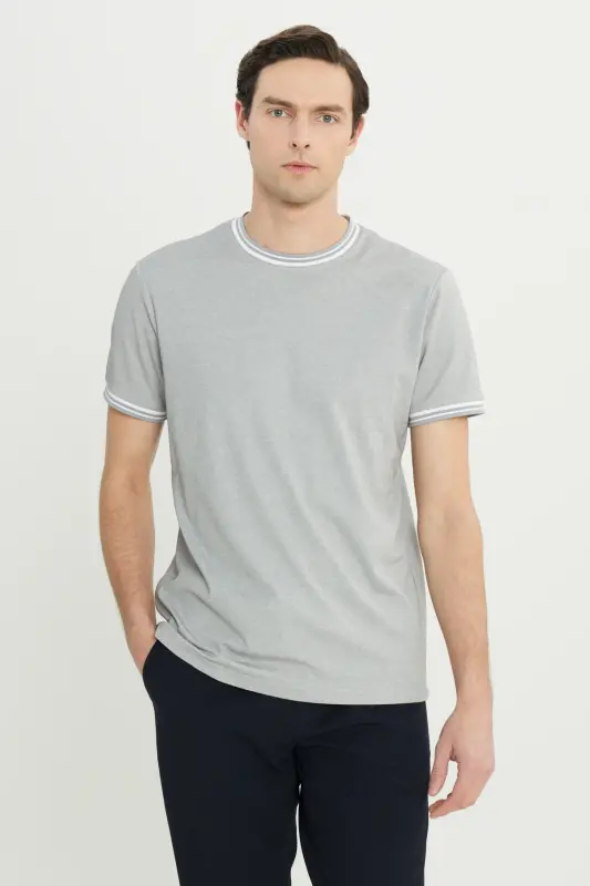 Мужская светло-серая хлопковая футболка Slim Fit с круглым вырезом - 5