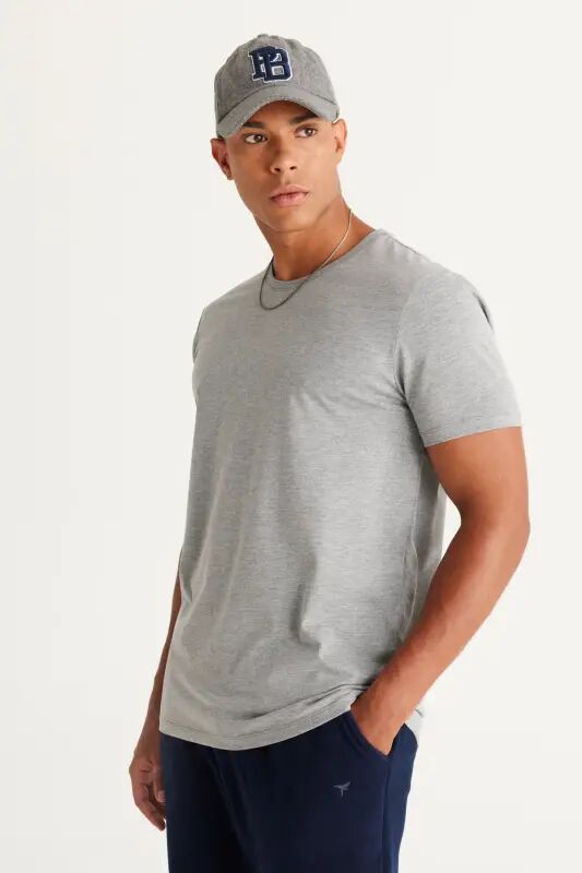 Мужская темно-серая хлопковая футболка Slim Fit с круглым вырезом - темно-серая - 3
