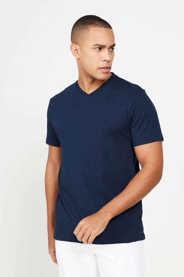 Мужская темно-синяя двойка V-образный вырез 100% хлопок Slim Fit узкий крой базовая футболка - 5