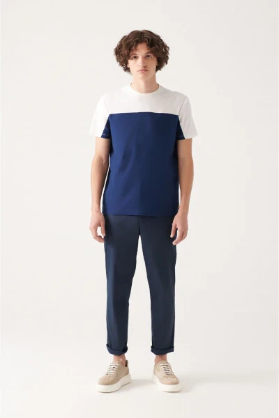 Мужская темно-синяя футболка из крепа 100% хлопка с круглым вырезом и нашивкой, Regular Fit - 5