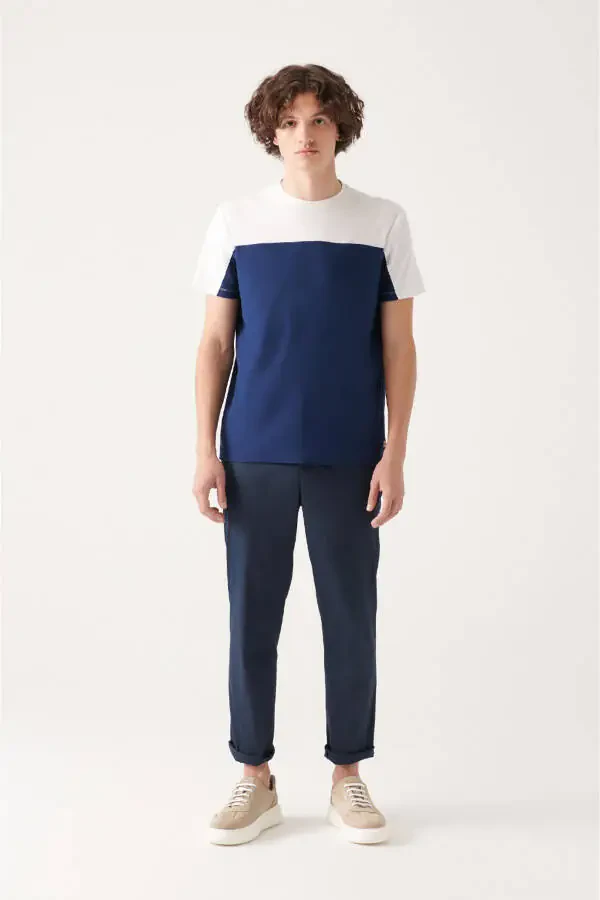 Мужская темно-синяя футболка из крепа 100% хлопка с круглым вырезом и нашивкой, Regular Fit - 5