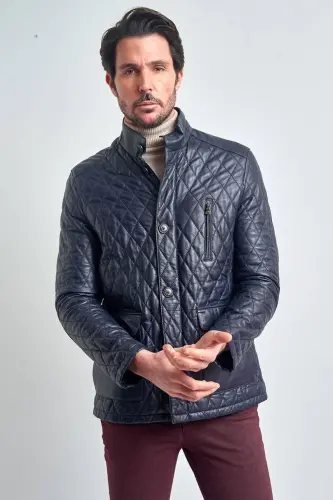 Мужская темно-синяя кожаная куртка-ТЕМНО-СИНИЙ - 4