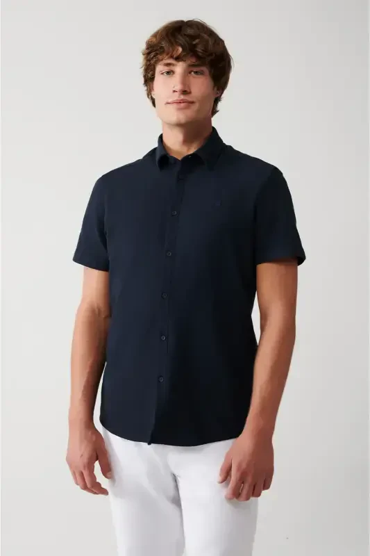 Мужская темно-синяя немнущаяся классическая рубашка-поло из эластичного хлопка с коротким рукавом E002051-Темно-синий - 3