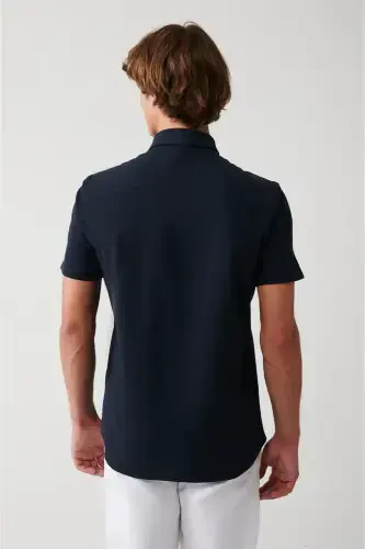 Мужская темно-синяя немнущаяся классическая рубашка-поло из эластичного хлопка с коротким рукавом E002051-Темно-синий - 4