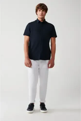 Мужская темно-синяя немнущаяся классическая рубашка-поло из эластичного хлопка с коротким рукавом E002051-Темно-синий - 5