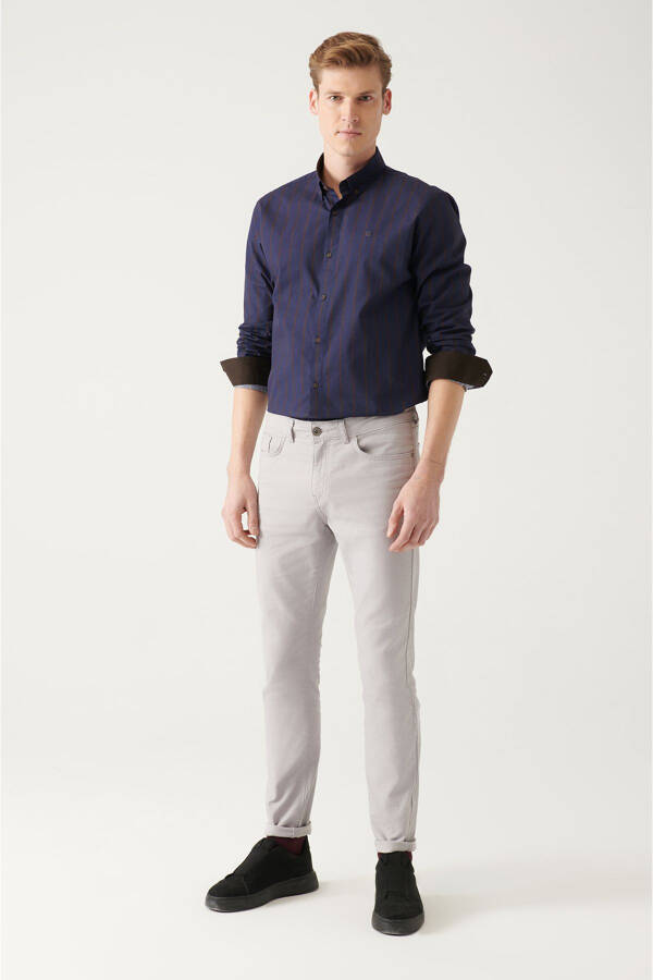 Мужская темно-синяя рубашка в полоску из 100% хлопка с пуговицами, узкого кроя, slim fit, поплин A31y2002 - 5