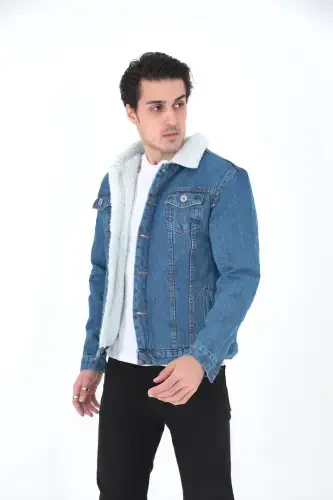 Мужская трендовая зимняя джинсовая куртка на меху темно-синяя - ТЕМНО-СИНИЙ - 3