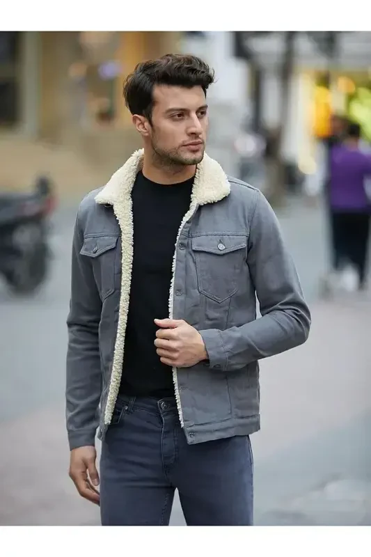 Мужская трендовая зимняя джинсовая куртка с мехом, серая-СЕРЫЙ - 4