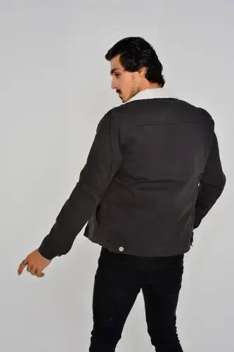 Мужская трендовая зимняя джинсовая куртка с меховой подкладкой, антрацит-темно-серый - 4