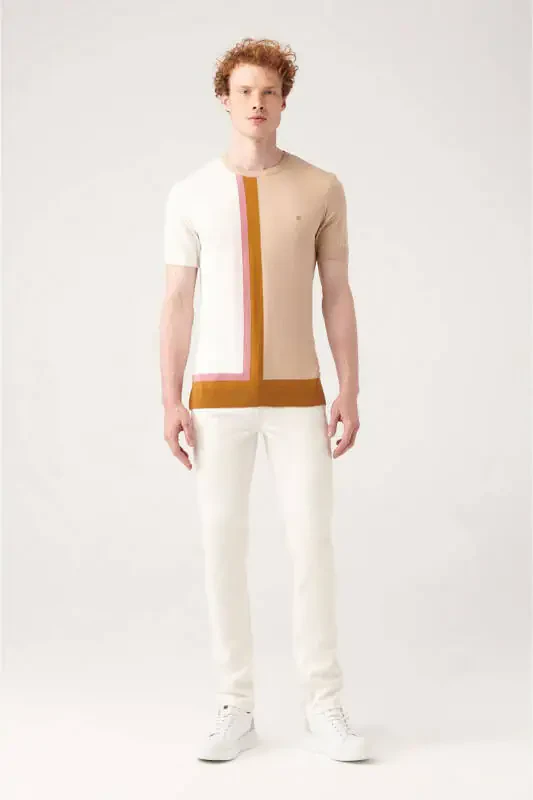 Мужская трикотажная футболка с круглым вырезом в беж цвета с цветными блоками, ребристая, обычная посадка A31y5019 - 5