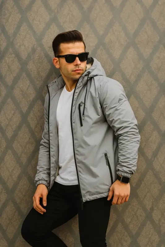 Мужская утепленная куртка с капюшоном, водонепроницаемая, с карманами - СЕРАЯ - 5