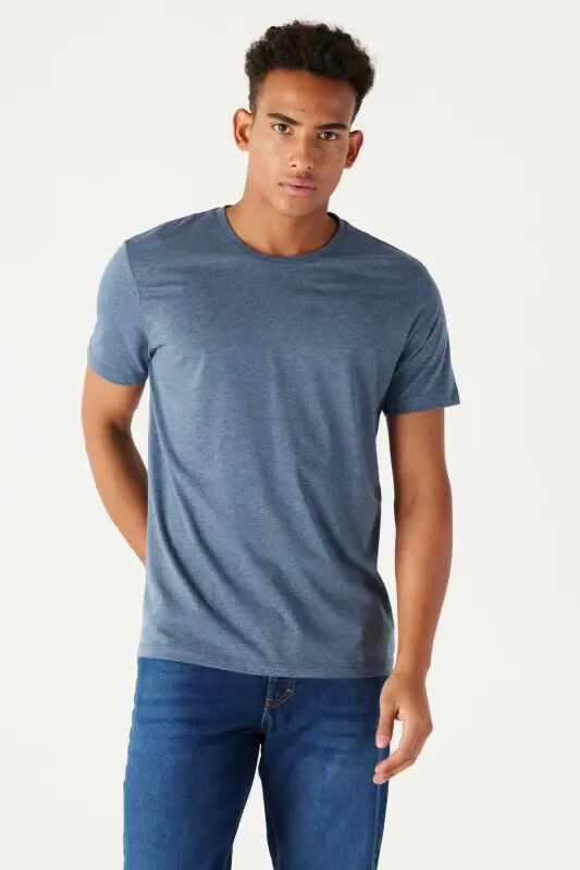 Мужская хлопковая футболка Slim Fit с круглым вырезом, базовая, цвет - индиго меланж - AC&CO / ALTINYILDIZ CLASSICS