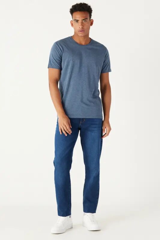 Мужская хлопковая футболка Slim Fit с круглым вырезом, базовая, цвет - индиго меланж - 3