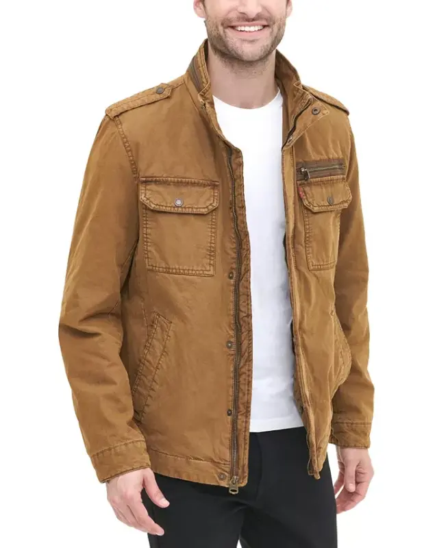 Мужская хлопковая куртка на молнии спереди - Worker Brown - 1