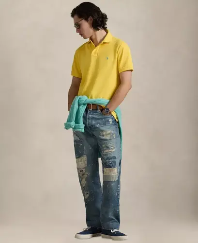 Мужская хлопковая облегающая рубашка поло Custom Slim Fit - Желтый солнечный рыбак - 4