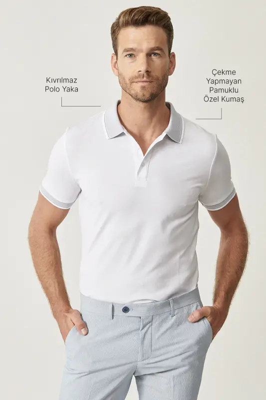 Мужская хлопковая рубашка-поло с узким кроем Slim Fit без складок белого цвета - 3