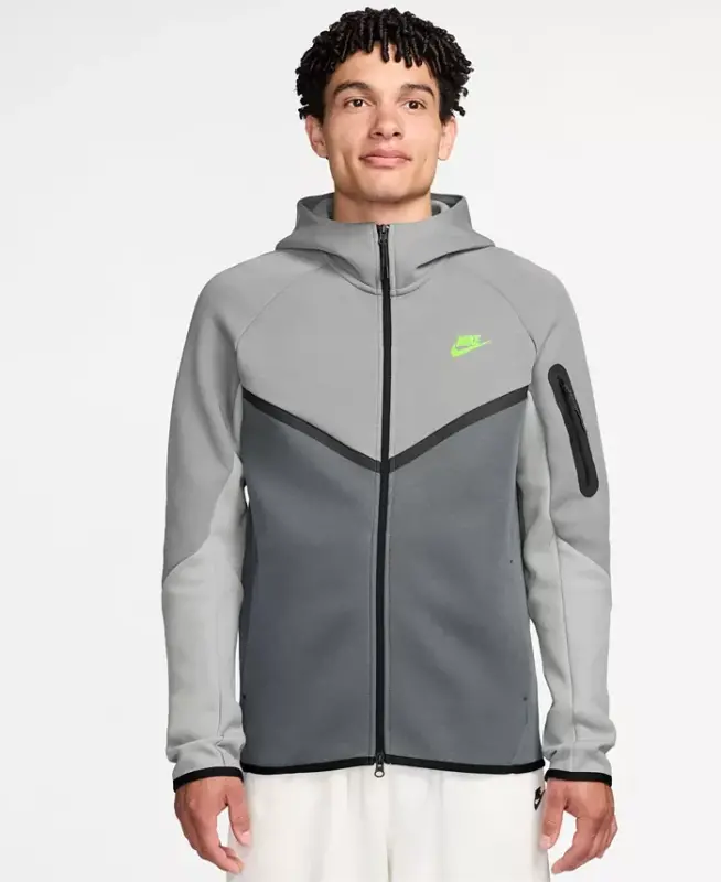 Мужская худи на молнии Tech Fleece - Светло-серый дымчатый/Холодный серый/Ярко-желтый - NIKE