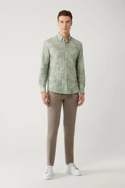 Мужская зеленая рубашка с британским воротником хлопчатобумажная вафельная Regular Fit A41y2157 - 5