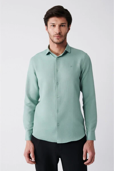 Мужская зеленая рубашка с классическим воротником, из вафельного хлопка, с легкостью гладящаяся, slim fit, узкий крой E002030 - AVVA