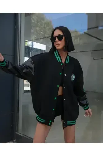 Мужская Женская Куртка-Бомбер Oversize Рукава Кожа-черныйкара - 1