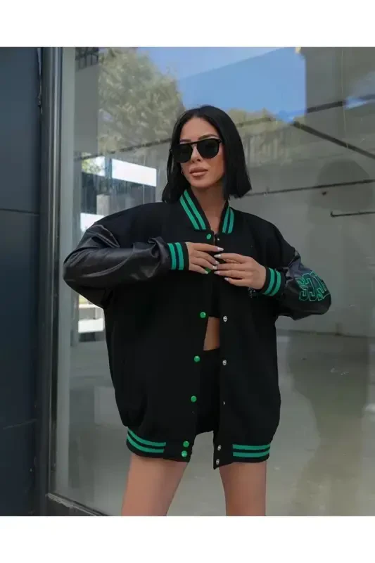 Мужская Женская Куртка-Бомбер Oversize Рукава Кожа-черныйкара - 2