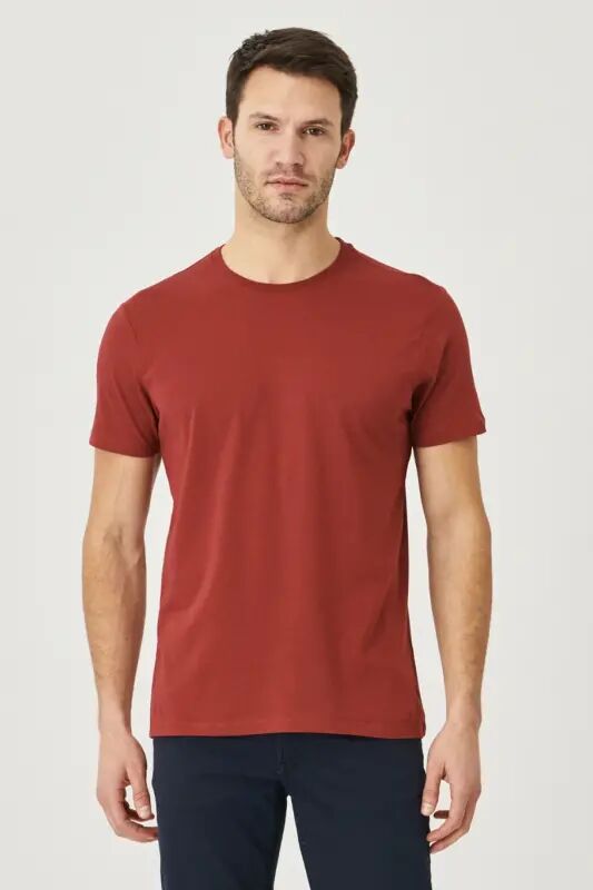 Мужская/унисекс бордовая 100% хлопок Slim Fit облегающая футболка с круглым вырезом - Бордовая - 2