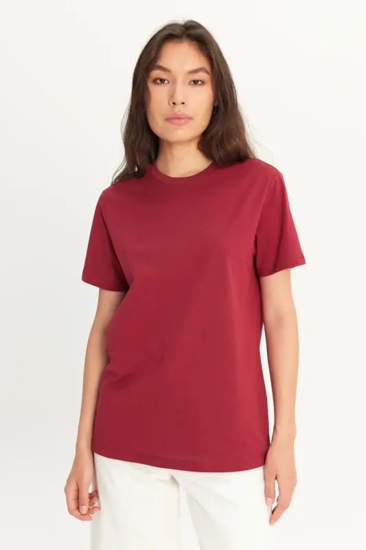 Мужская/унисекс бордовая 100% хлопок Slim Fit облегающая футболка с круглым вырезом - Бордовая - 5