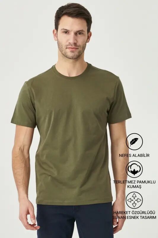 Мужская/унисекс хаки 100% хлопок Slim Fit облегающая посадка велосипедный воротник базовая футболка-хаки - 3
