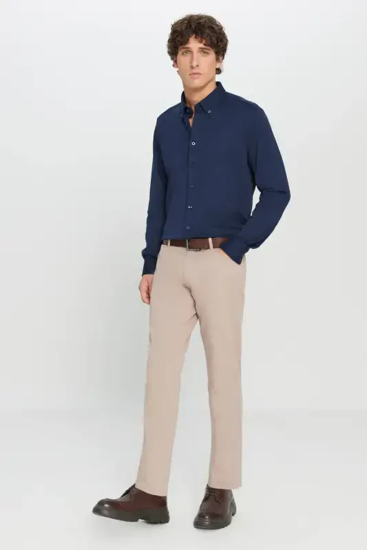 Мужские бежевые брюки чино с узким кроем Slim Fit, 5 карманов, из хлопкового канваса с эластиком - 2