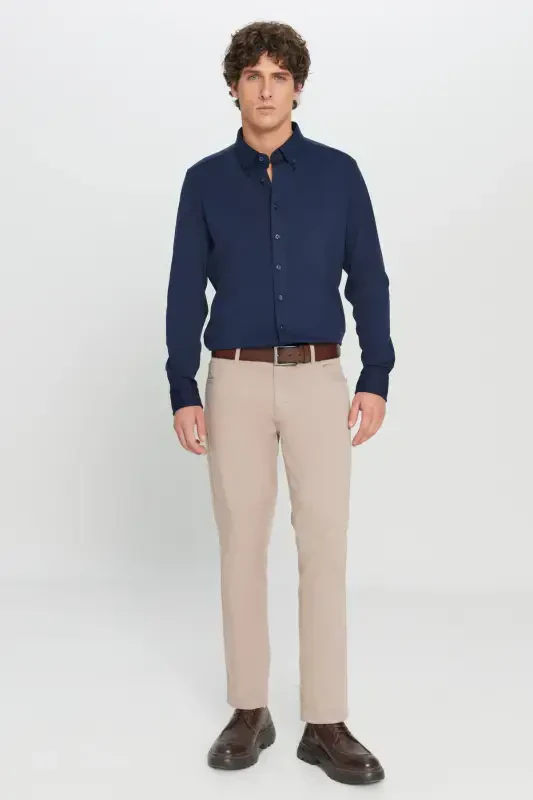 Мужские бежевые брюки чино с узким кроем Slim Fit, 5 карманов, из хлопкового канваса с эластиком - 5