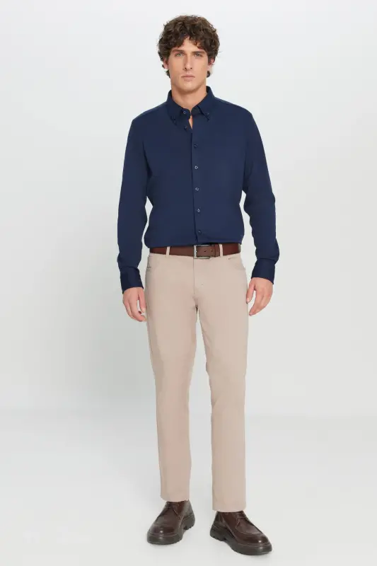 Мужские бежевые брюки чино с узким кроем Slim Fit, 5 карманов, из хлопкового канваса с эластиком - 7