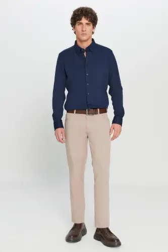 Мужские бежевые брюки чино с узким кроем Slim Fit, 5 карманов, из хлопкового канваса с эластиком - 5