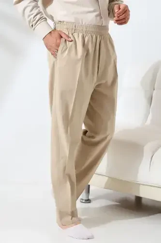 Мужские бежевые свободные штаны из льна с резинкой на талии для хаджа и умры - 1