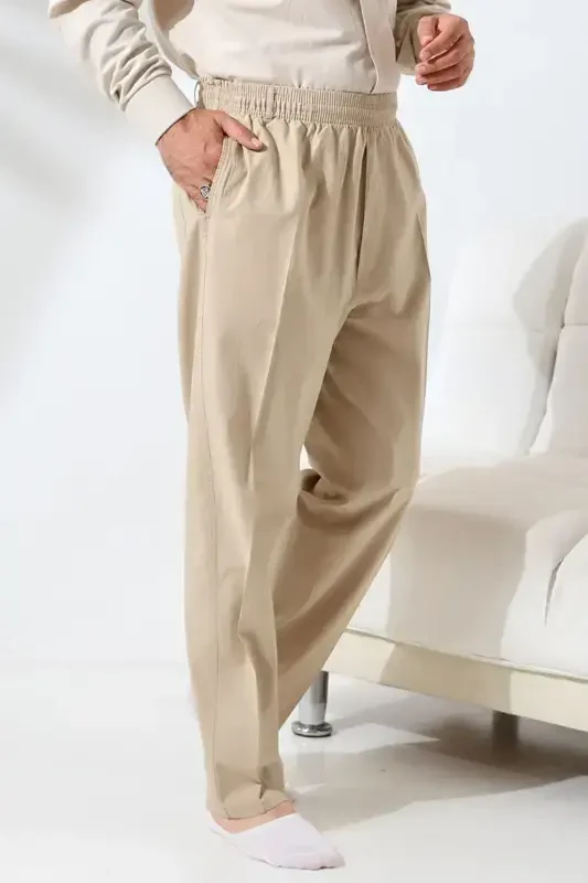Мужские бежевые свободные штаны из льна с резинкой на талии для хаджа и умры - IHVAN ONLINE