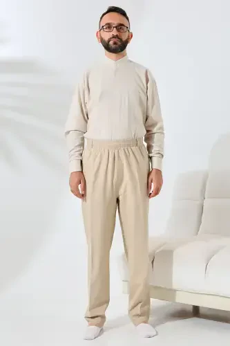 Мужские бежевые свободные штаны из льна с резинкой на талии для хаджа и умры - 4