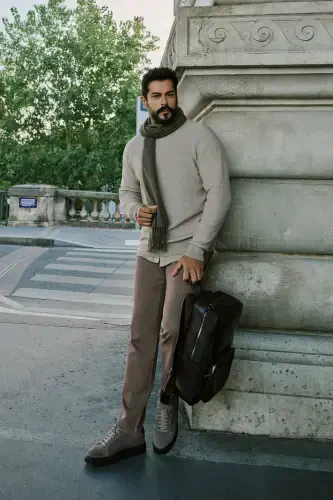 Мужские брюки Camel Slim Fit зауженного кроя из эластичного хлопка с боковыми карманами и текстурным плетением. - ALTINYILDIZ CLASSICS (1)