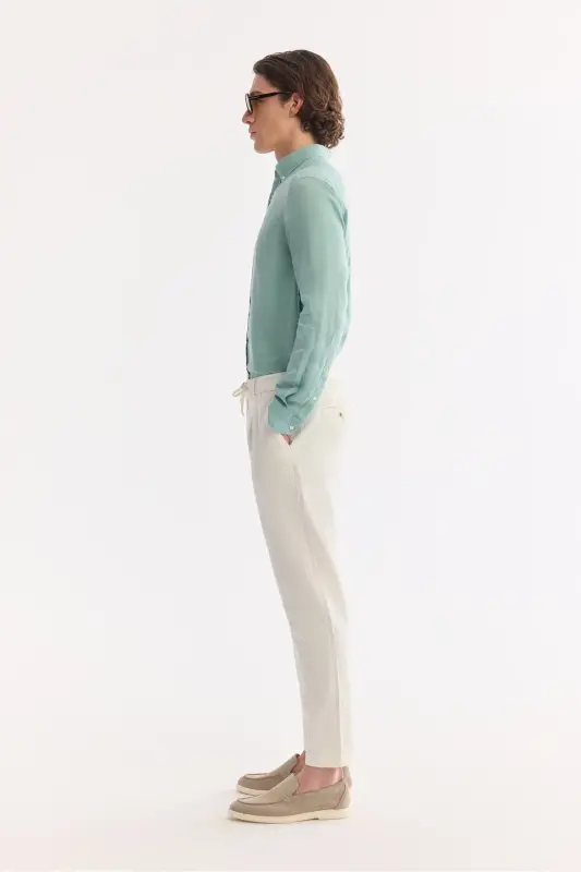 Мужские брюки чино Coricos цвета слоновой кости с эластичным поясом, шнурком, текстурой из льна и хлопка, RelaxedFitB003036 - 5